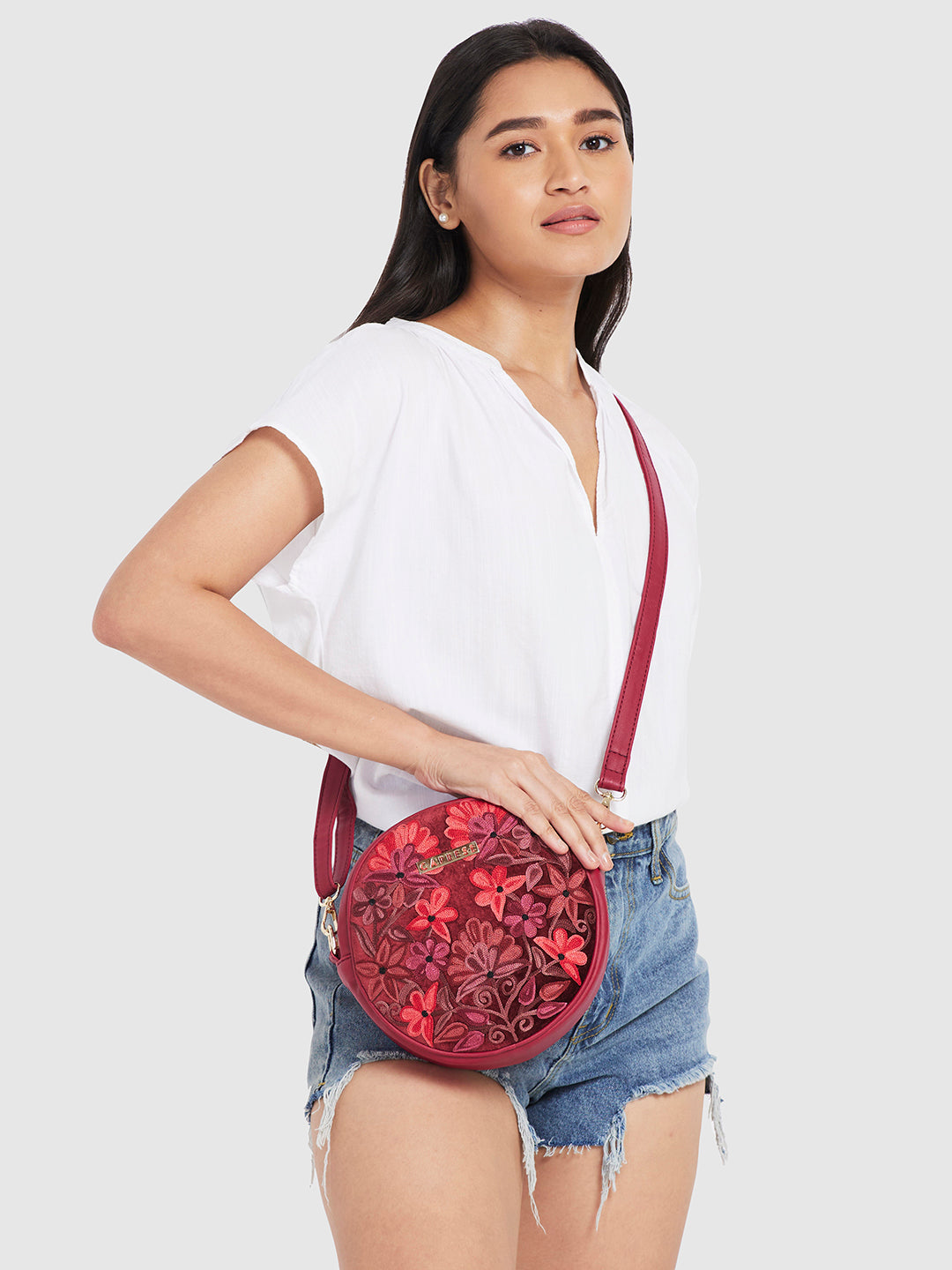 Caprese Tresna Embroidery Medium Sling Handbag Maroon