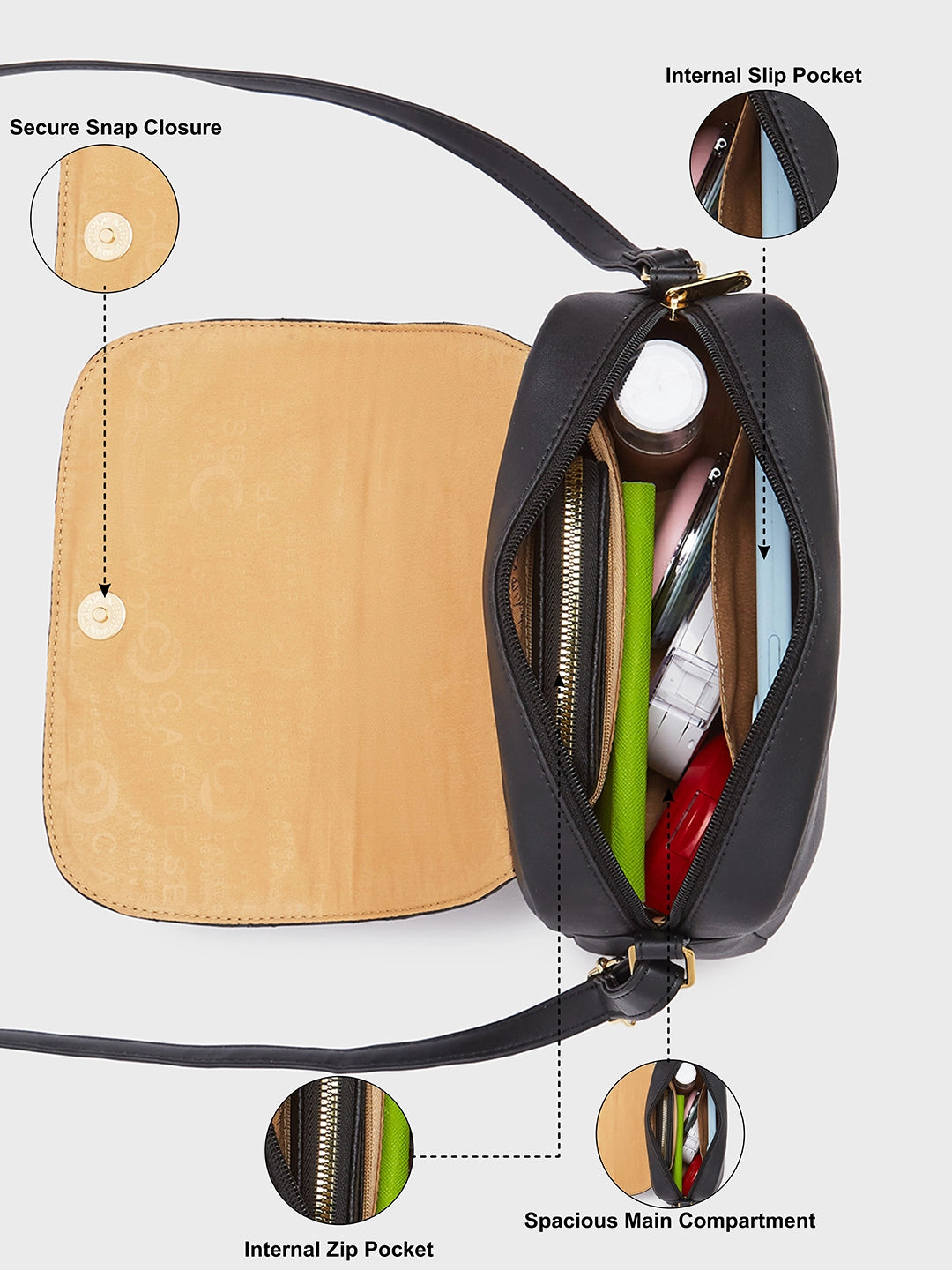 Buy Caprese Zesty Medium Black Sling Bag @ 989 | Caprese Bags