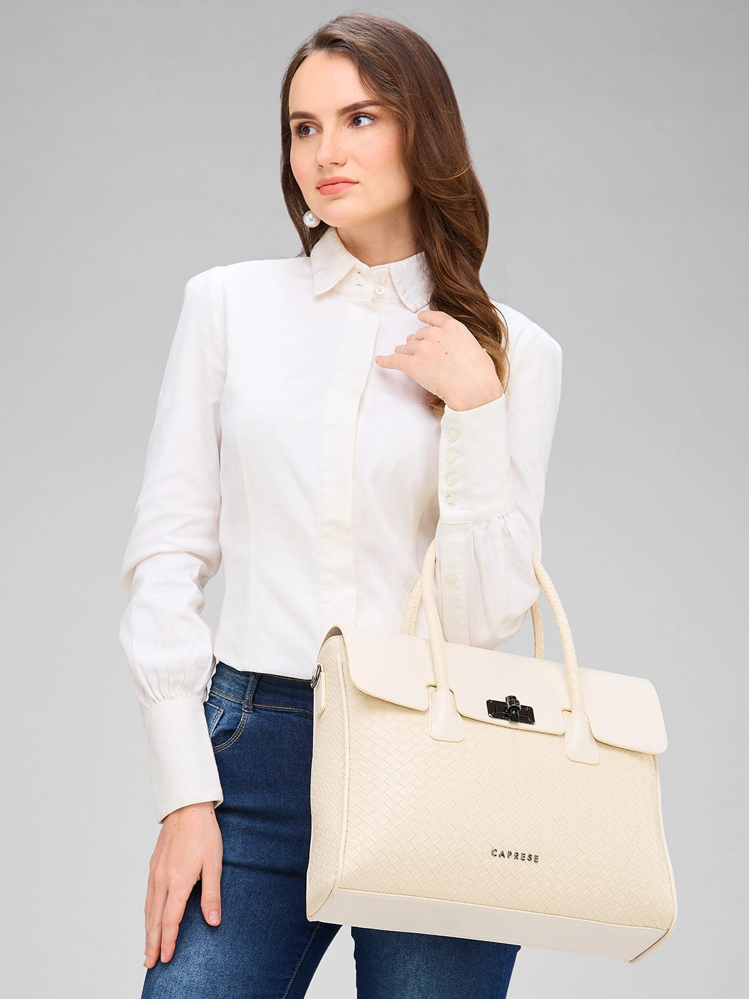 Buy Caprese Renee Satchel Medium Check Womens Handbag Beige Rs.3039 Caprese Bags